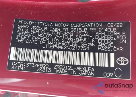 2022 Toyota Corolla Le from USA, damaged, VIN JTDEPMAEXNJ217754